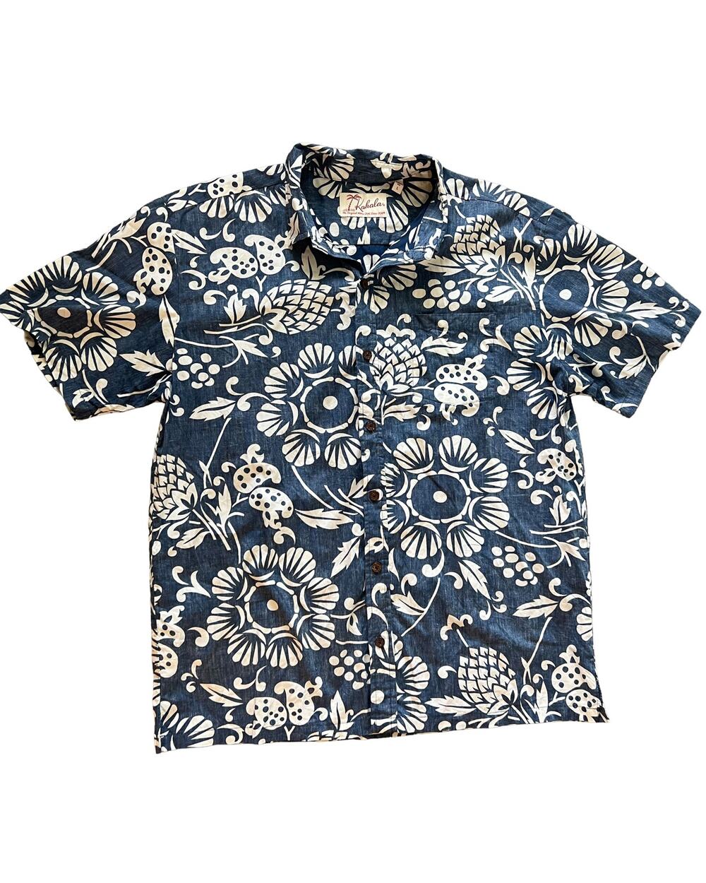 Kahala Men’s Large Duke's Pareo Shirt Navy Floral Hawaiian Cotton Made in Hawaii